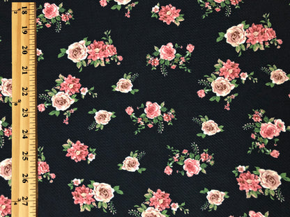Bullet Knit Printed Fabric-Black Vanilla Roses-BPR276-Sold by the Yard