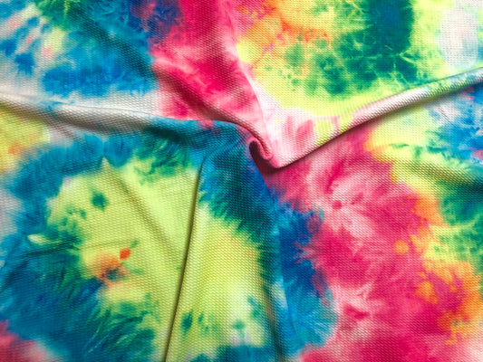 Premium Bullet Knit Fabric – White, Green & Blue Tie‑Dye Stretch Print, 56″ Wide, Sold by the Yard (BTDPR018)