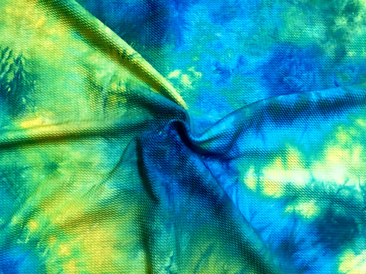 Blue/Lime Watercolor Tie Dye Bullet Knit Fabric – Textured 4 Way Stretch, 58" Wide, 200 GSM – By the Yard (BDPR025)