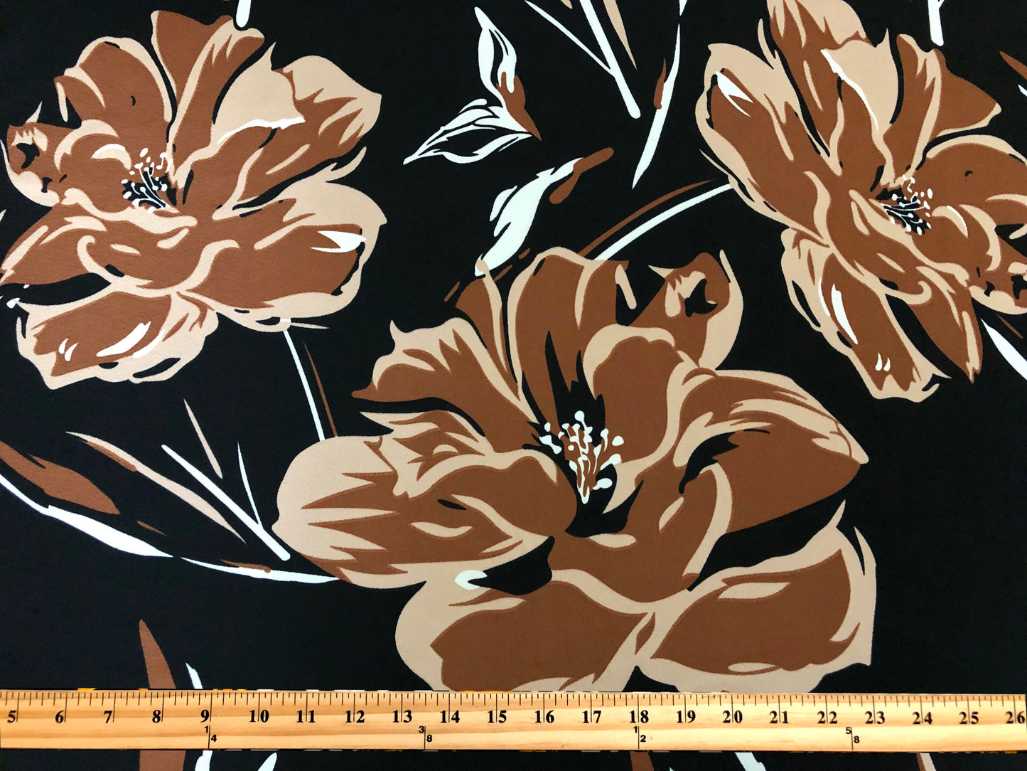 Black Brown Taupe White Flowers Liverpool Print Fabric