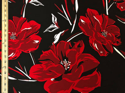 Black Red Maroon White Flowers Liverpool Print Fabric