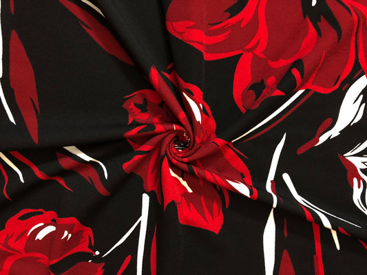 Black Red Maroon White Flowers Liverpool Print Fabric