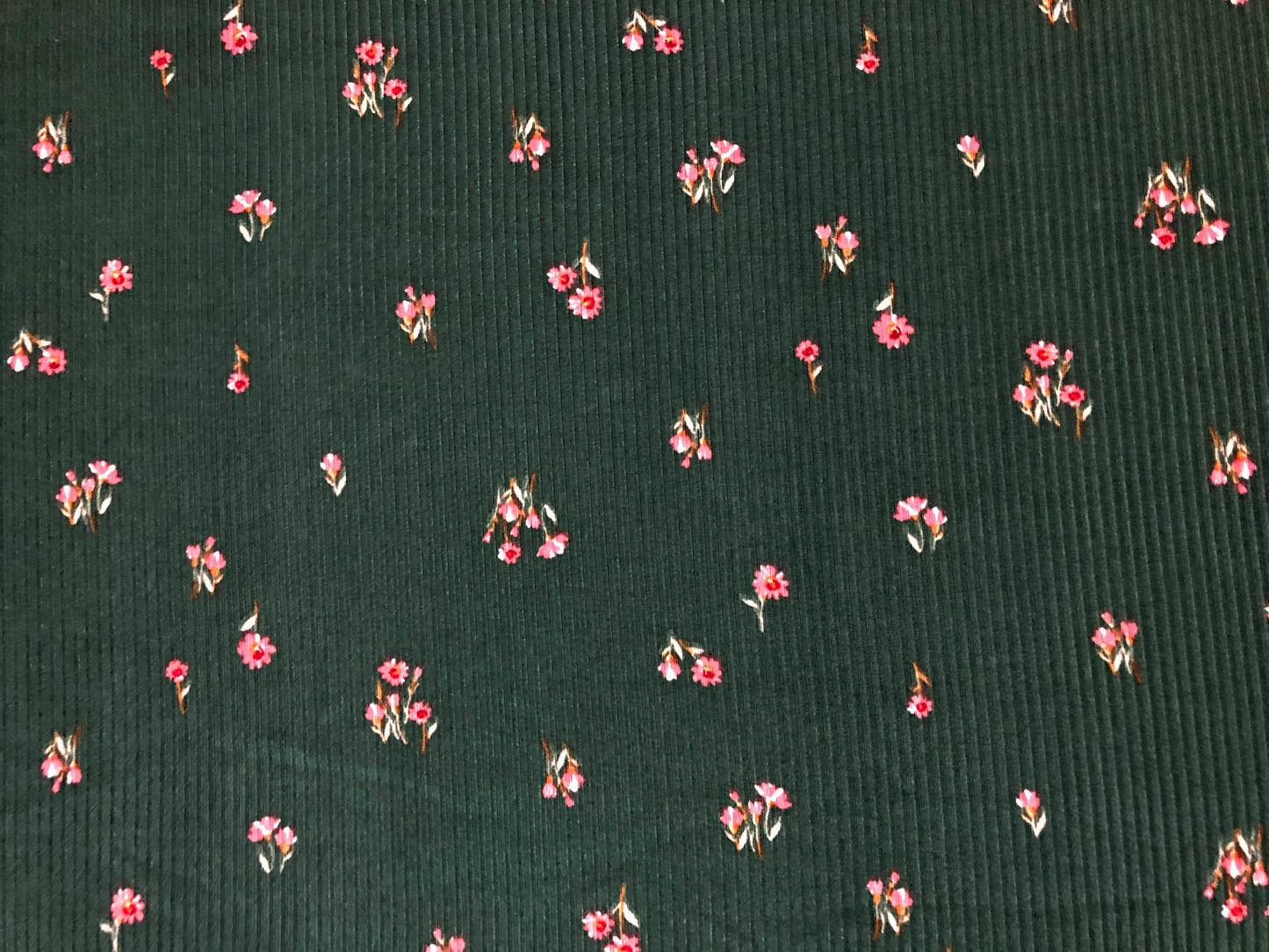 Hunter Green 5/8" Pink Flowers Rayon Spandex Rib 2X2 Print Fabric