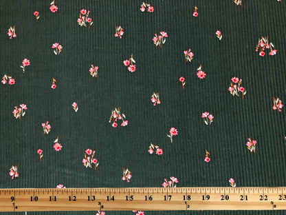 Hunter Green 5/8" Pink Flowers Rayon Spandex Rib 2X2 Print Fabric