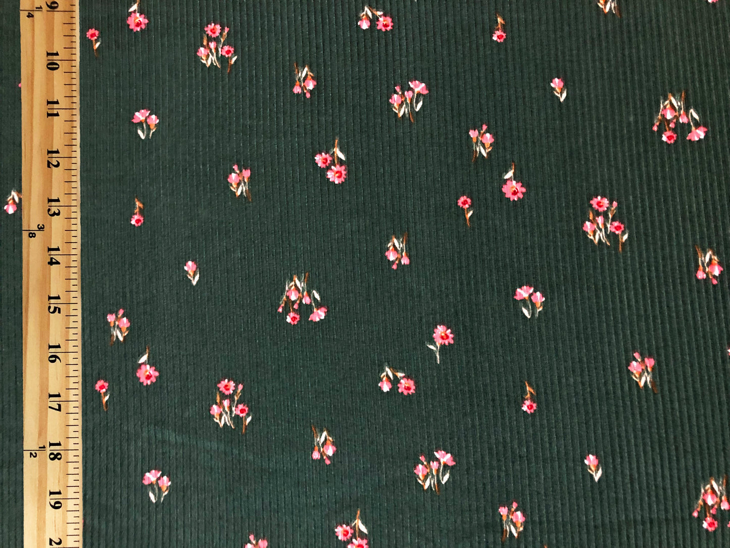 Hunter Green 5/8" Pink Flowers Rayon Spandex Rib 2X2 Print Fabric