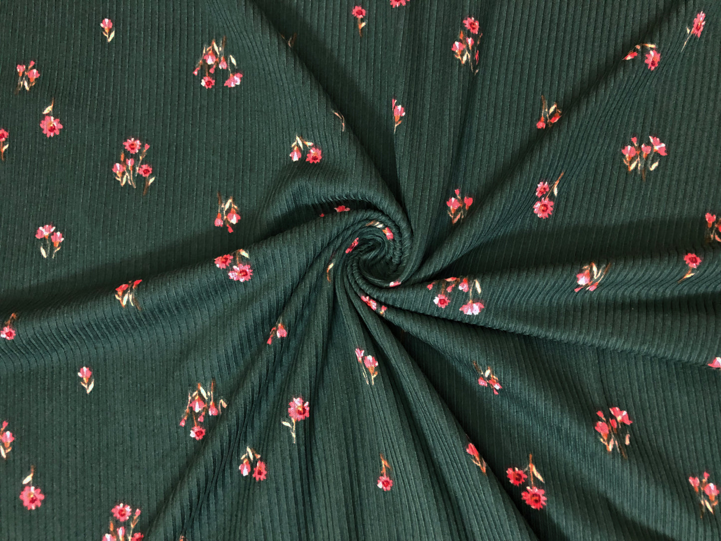 Hunter Green 5/8" Pink Flowers Rayon Spandex Rib 2X2 Print Fabric