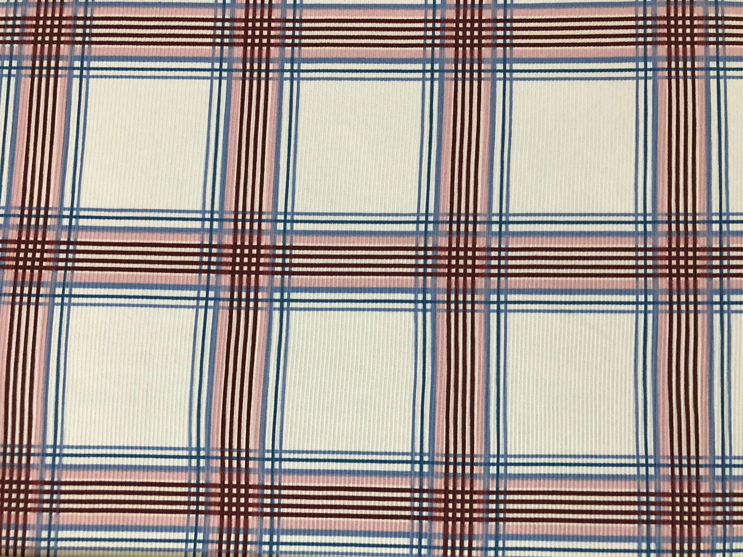 Ivory Brown Blue Pink Plaid Rayon Spandex Rib 2X1 Print Fabric