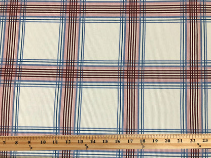 Ivory Brown Blue Pink Plaid Rayon Spandex Rib 2X1 Print Fabric