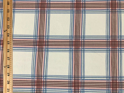 Ivory Brown Blue Pink Plaid Rayon Spandex Rib 2X1 Print Fabric