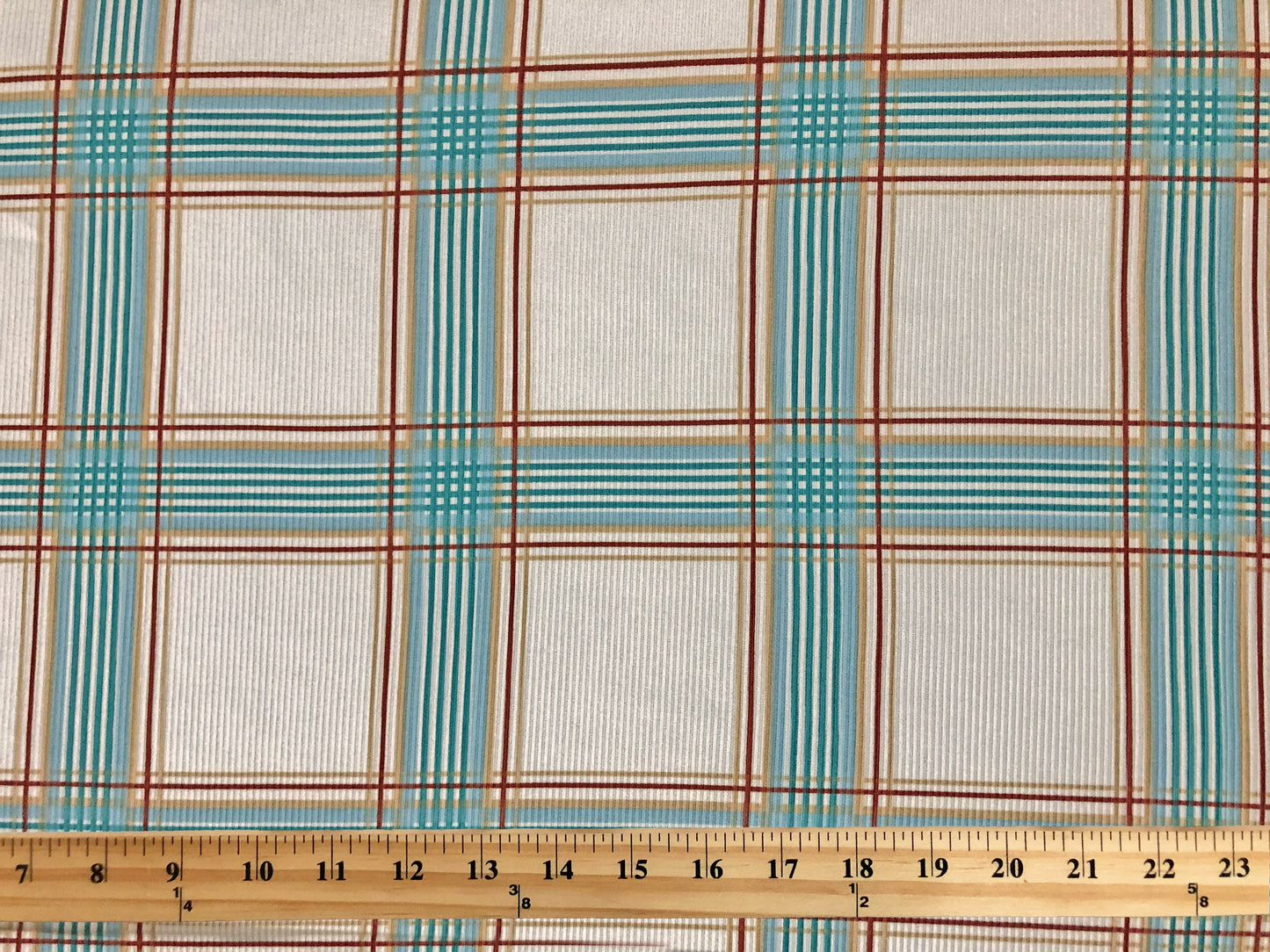 Ivory Blue Green Gold Rust Plaid Rayon Spandex Rib 2X1 Print Fabric