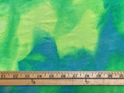 Neon Green Blue White Glitter Acetate Slinky Tie Dye Print Fabric