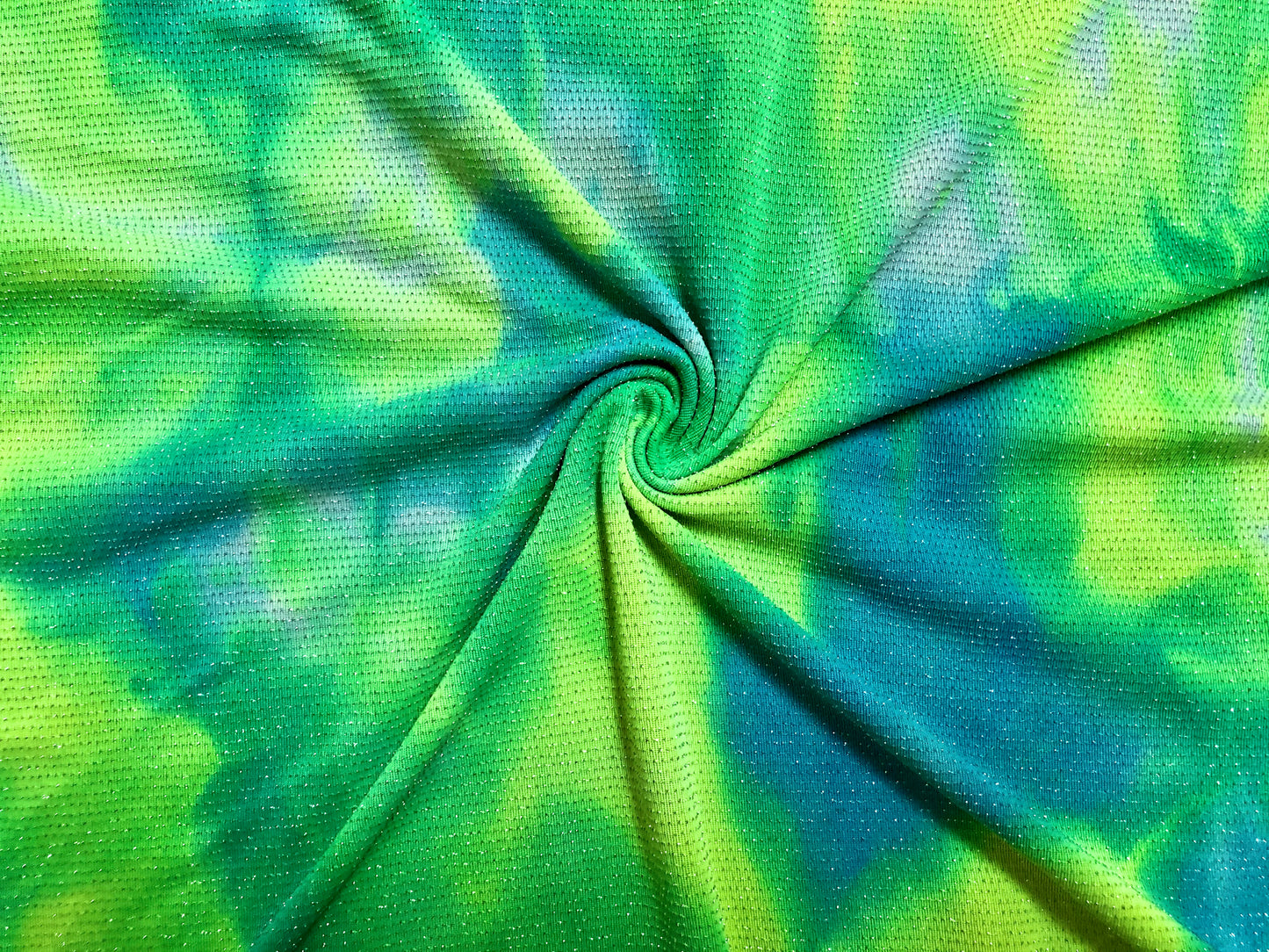 Neon Green Blue White Glitter Acetate Slinky Tie Dye Print Fabric