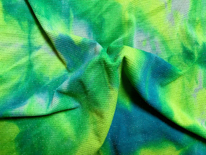 Neon Green Blue White Glitter Acetate Slinky Tie Dye Print Fabric