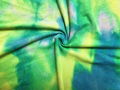 Neon Green Blue White Glitter Acetate Slinky Tie Dye Print Fabric