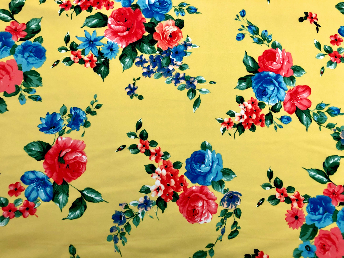 Yellow Blue Red Roses Scuba Techno Print Fabric