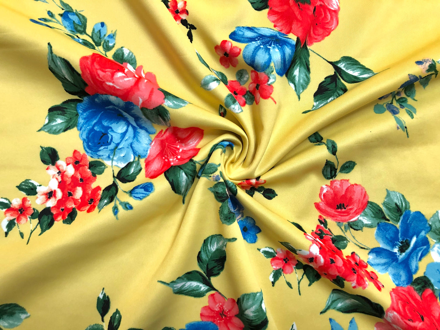 Yellow Blue Red Roses Scuba Techno Print Fabric