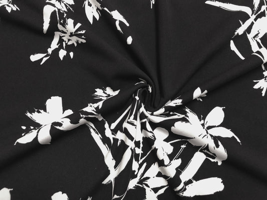 Black White Brush Painted Flowers Techno Crepe Print Fabric