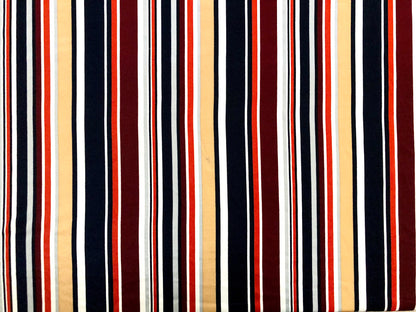 Navy Blue Peach Red Maroon White Stripes Techno Crepe Print Fabric