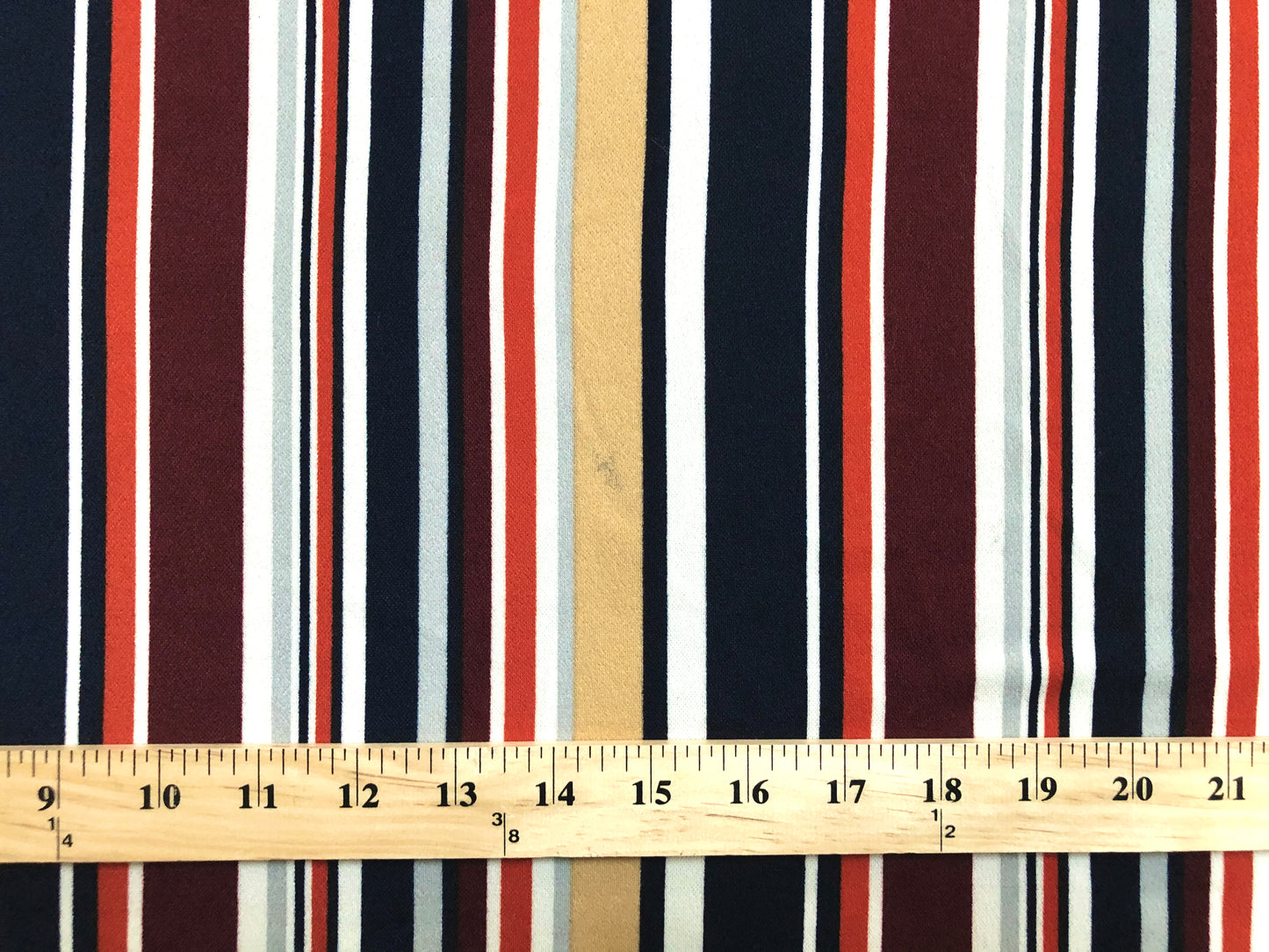 Navy Blue Peach Red Maroon White Stripes Techno Crepe Print Fabric