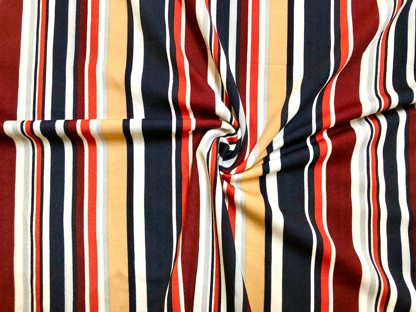 Navy Blue Peach Red Maroon White Stripes Techno Crepe Print Fabric