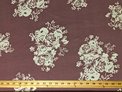 Mauve White Roses DTY Double Brushed Jersey Print Fabric