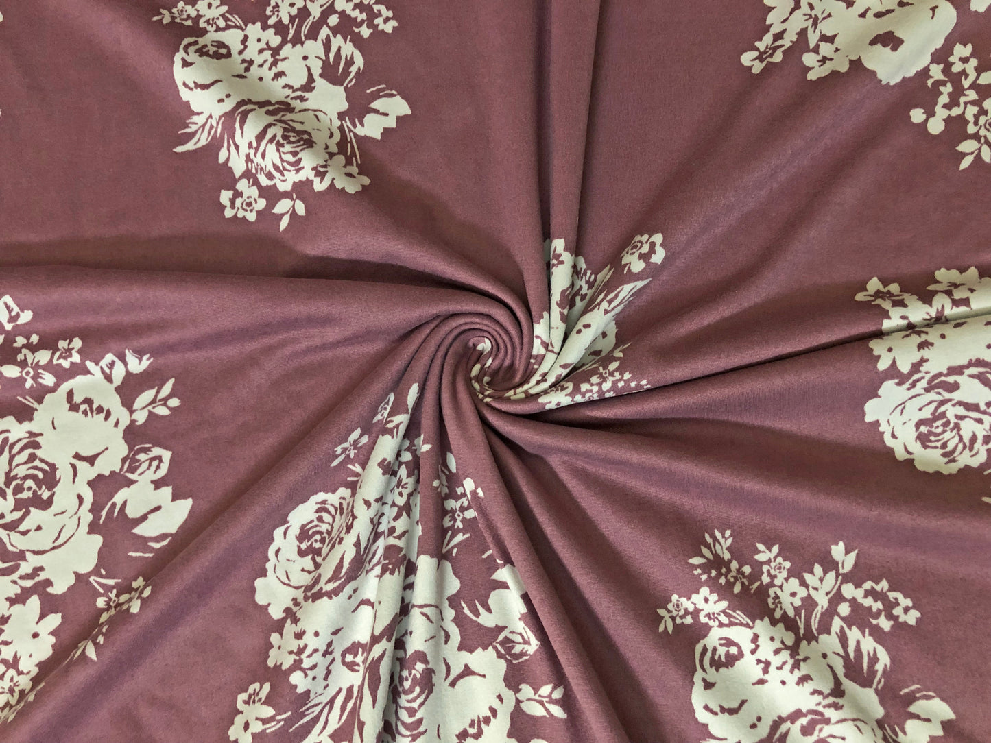 Mauve White Roses DTY Double Brushed Jersey Print Fabric