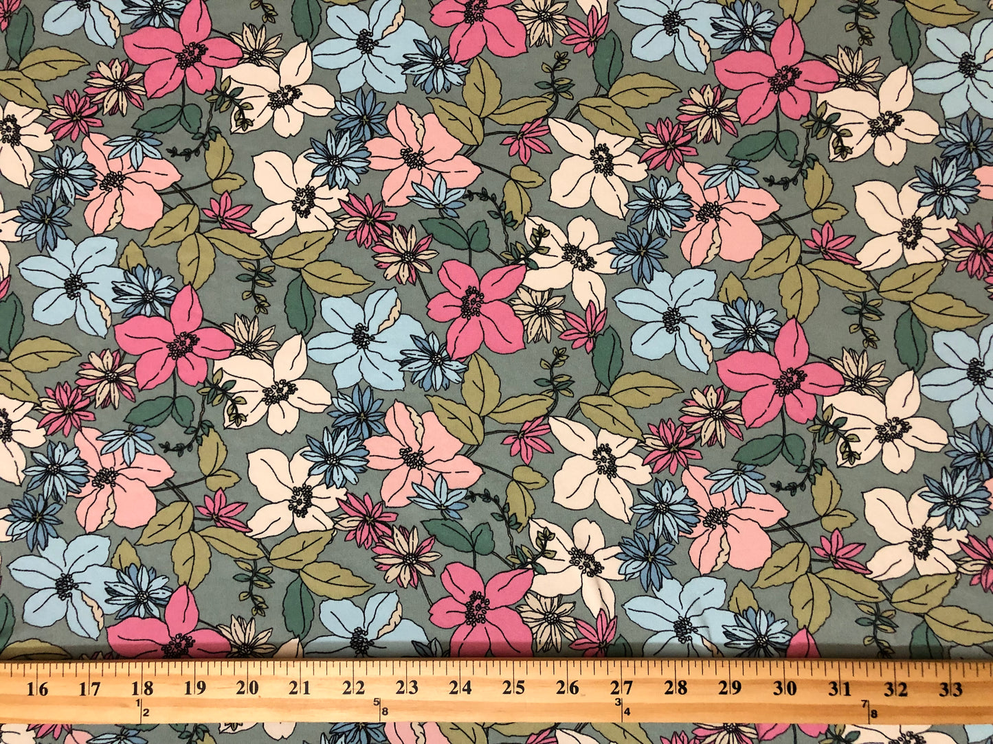 Sage Pink Vanilla Mandeville Flowers DTY Double Brushed Jersey Print Fabric