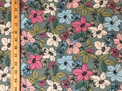 Sage Pink Vanilla Mandeville Flowers DTY Double Brushed Jersey Print Fabric