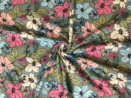 Sage Pink Vanilla Mandeville Flowers DTY Double Brushed Jersey Print Fabric