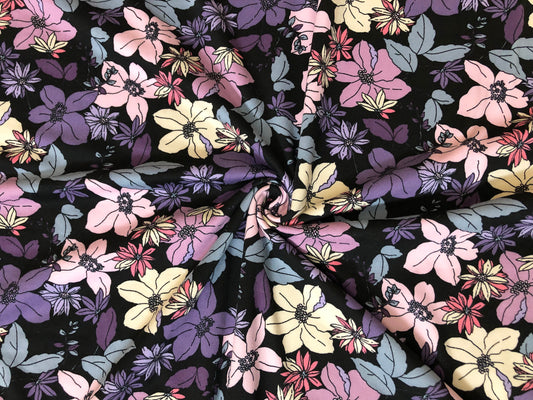 DTY Brushed Fabric-Black Purple Vanilla Mandevillas-DTYBPR532-Sold by the Yard-Jersey Fabric