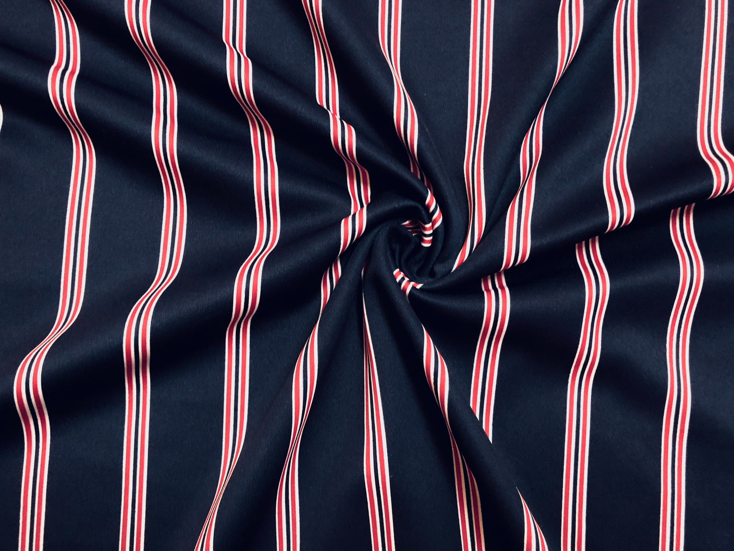 Navy Blue White Red Stripes Scuba Techno Print Fabric