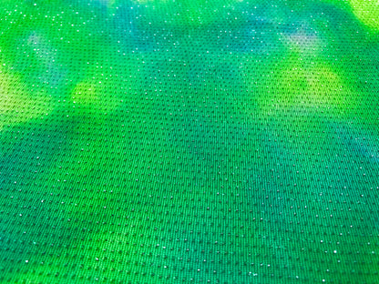 Neon Green Blue White Glitter Acetate Slinky Tie Dye Print Fabric