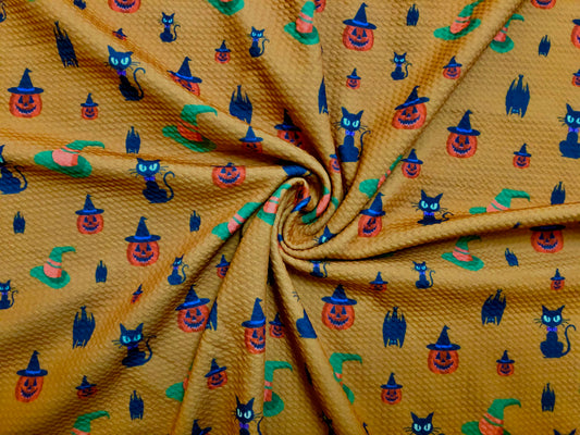 Premium Bullet Knit Halloween Fabric – Black Cats, Witch Hats & Jack‑O’‑Lantern Print on Mustard, 56″ Wide, Sold by the Yard (BPR184)