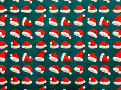 Bullet Knit Printed Fabric-Hunter Green Red Christmas Hats-BPR189-Sold by the Yard-Christmas Theme Fabric