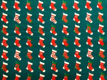 Bullet Knit Printed Fabric-Hunter Green Red Santa's Boots-BDPr190-Sold by the Yard-Christmas Theme Fabric