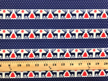 Bullet Knit Printed Fabric-Navy Blue Ivory Red Pixel Reindeers-BDPr191-Sold by the Yard-Christmas Theme Fabric