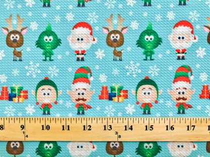 Bullet Knit Printed Fabric-Blue Ivory Green Cartoon Santa-BPR192-Sold by the Yard-Christmas Theme Fabric