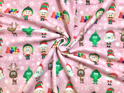 Bullet Knit Printed Fabric-Pink Ivory Green Cartoon Santa-BPR193-Sold by the Yard-Christmas Theme Fabric