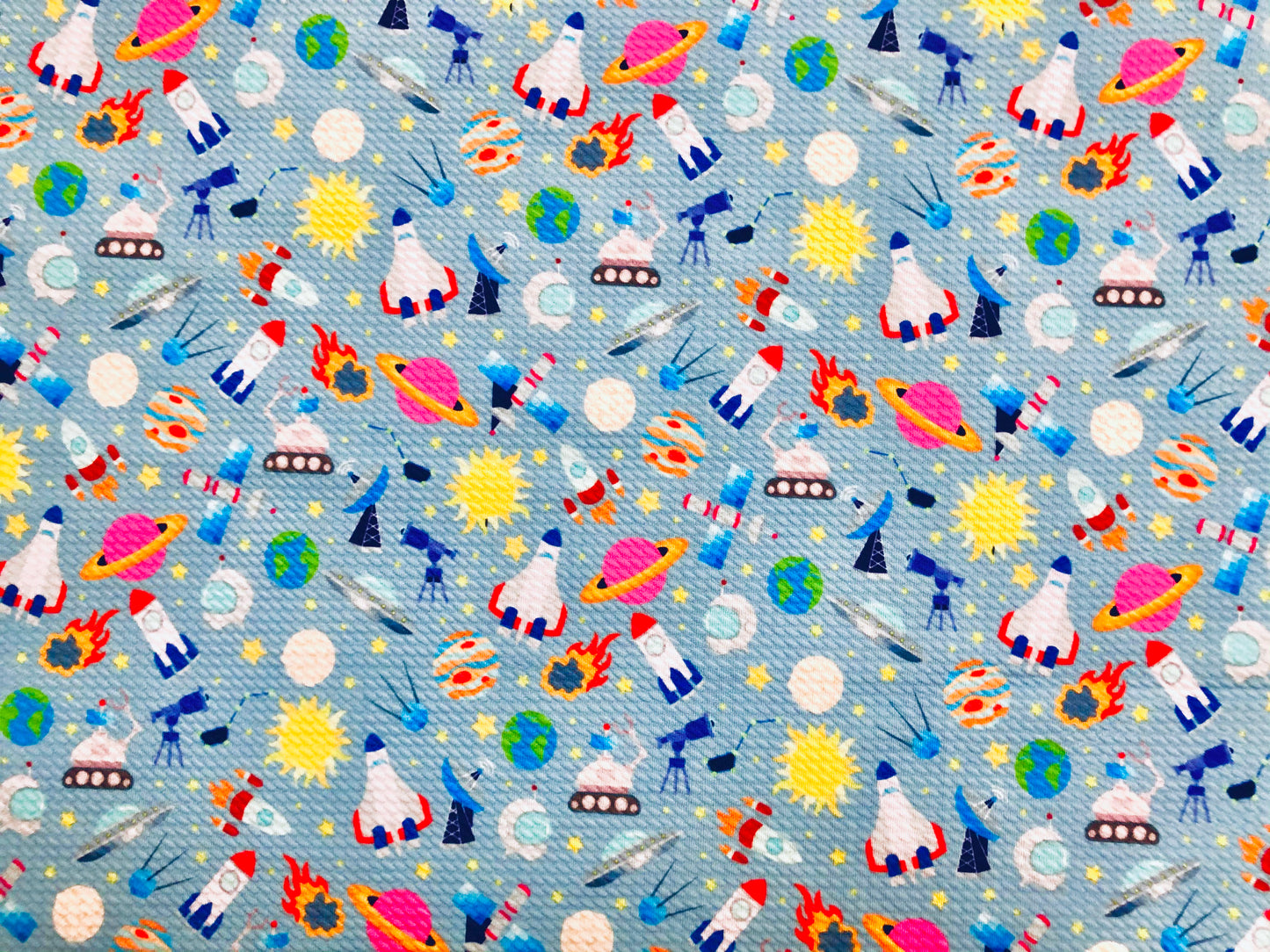 Bullet Knit Printed Fabric-Baby Blue Yellow Outer Space-BPR200-Sold by the Yard-Bulk Available