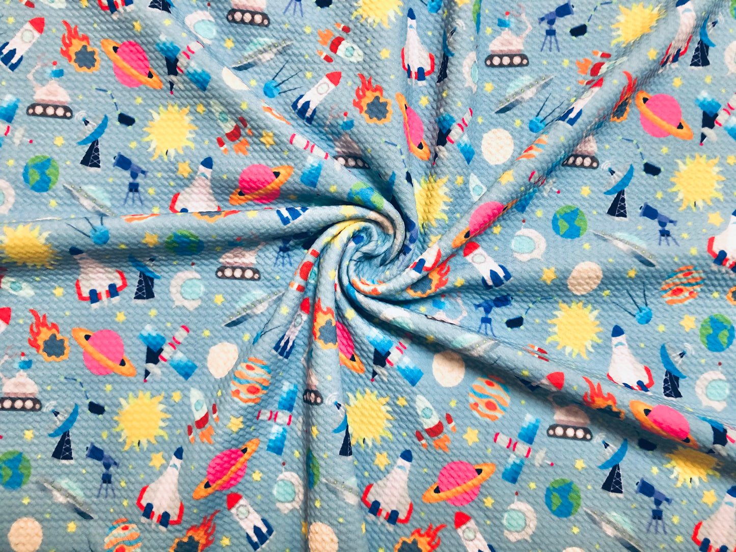 Bullet Knit Printed Fabric-Baby Blue Yellow Outer Space-BPR200-Sold by the Yard-Bulk Available