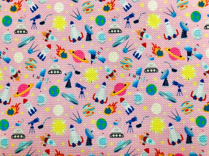 Bullet Knit Printed Fabric-Baby Pink Yellow Blue Outer Space-BPR201-Sold by the Yard-Bulk Available