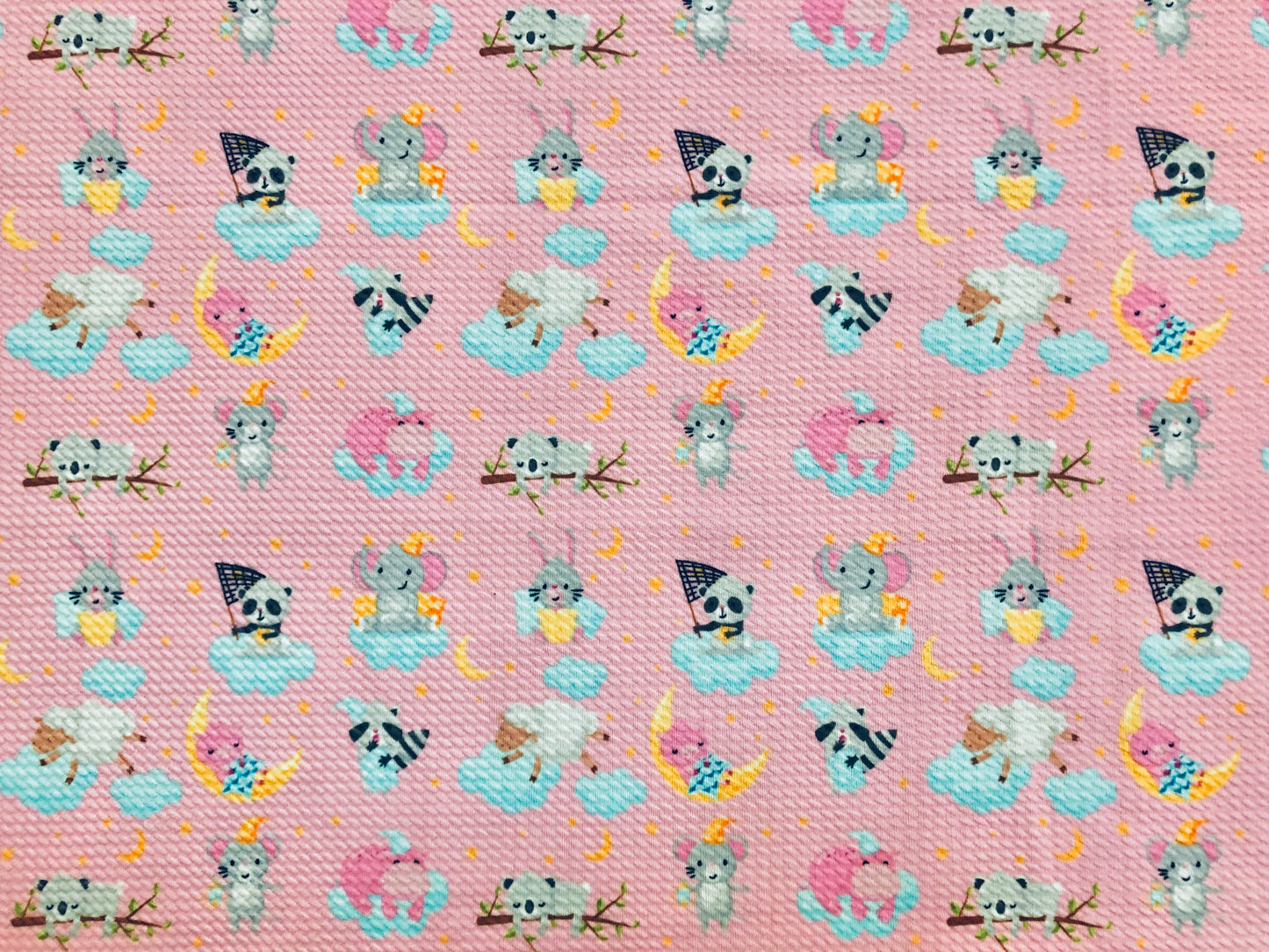 Bullet Knit Printed Fabric-Pink Blue Clouds and Pandas-BPR204-Sold by the Yard-Bulk Available
