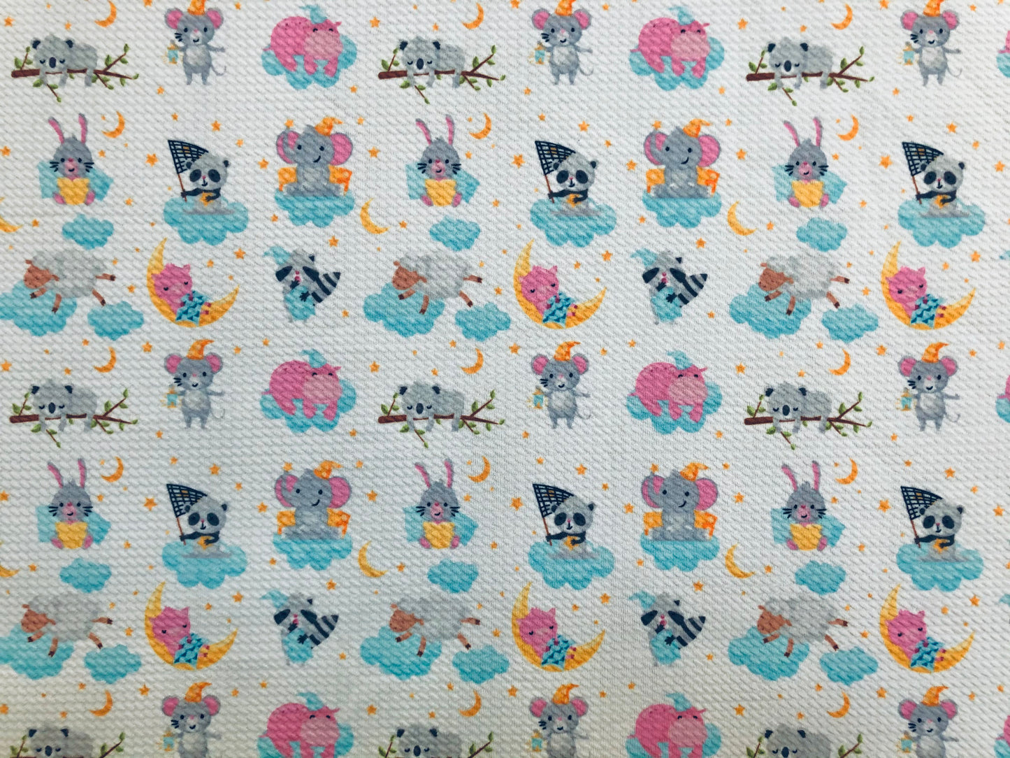 Bullet Knit Printed Fabric-Ivory Blue Clouds and Pandas-BPR206-Sold by the Yard-Bulk Available