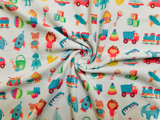 Bullet Knit Printed Fabric-Ivory Blue Toys-BPR207-Sold by the Yard-Bulk Available