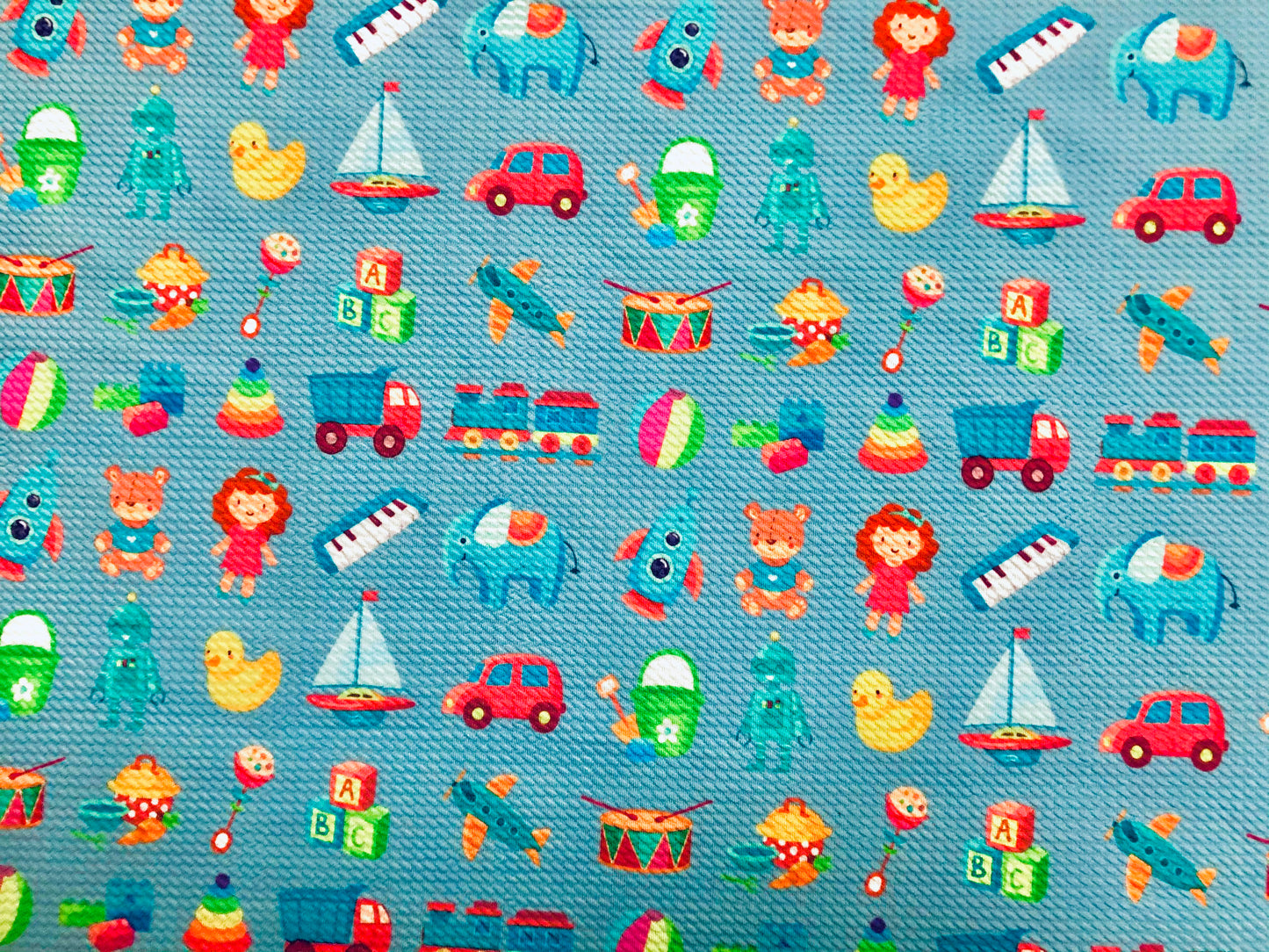 Bullet Knit Printed Fabric-Blue Yellow Toys-BPR208-Sold by the Yard-Bulk Available