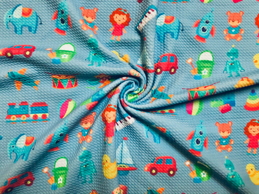 Bullet Knit Printed Fabric-Blue Yellow Toys-BPR208-Sold by the Yard-Bulk Available