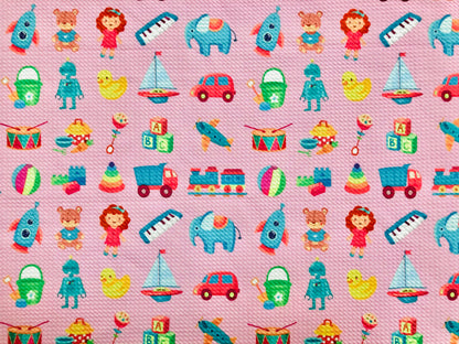 Bullet Knit Printed Fabric-Pink Blue Toys-BPR209-Sold by the Yard. Bulk Available