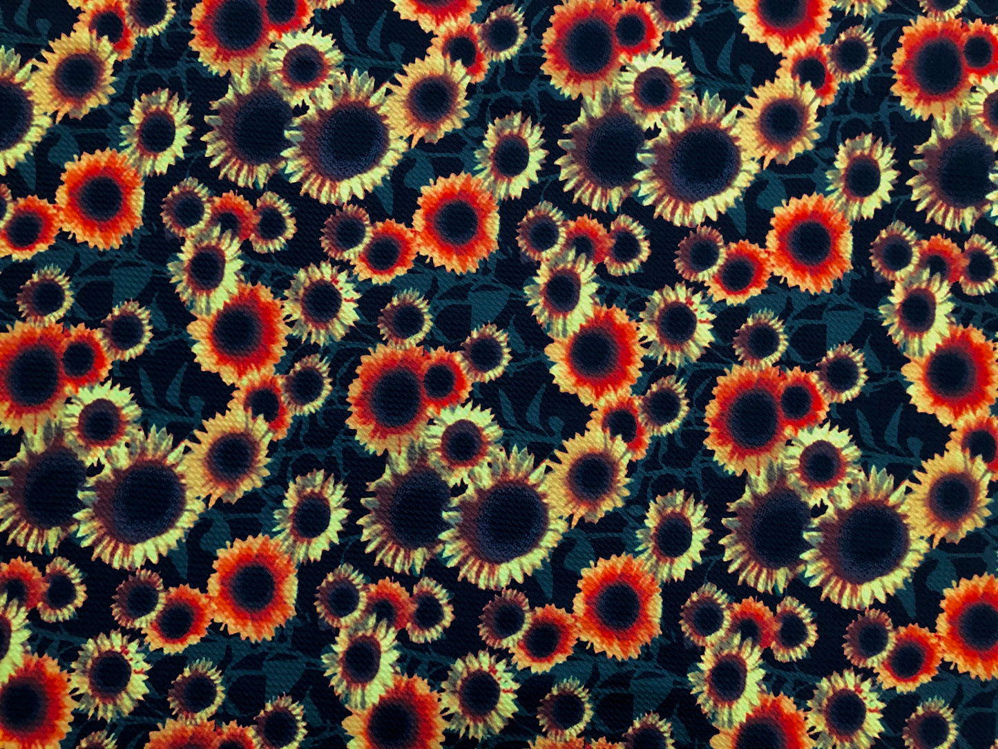 Bullet Knit Printed Fabric-Black Orange Yellow Sunflowers-BPR214-Sold by the Yard