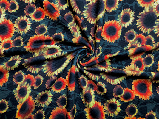 Bullet Knit Printed Fabric-Black Orange Yellow Sunflowers-BPR214-Sold by the Yard
