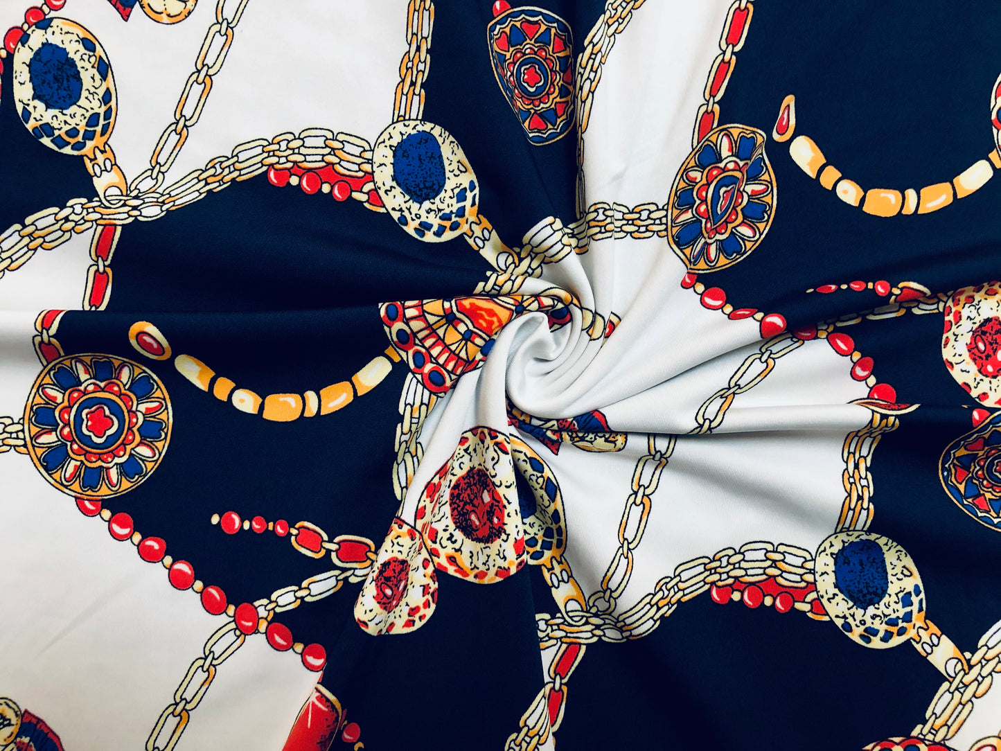 Ivory Navy Blue Red Golden Chains DTY Non-Brushed Jersey Print Fabric